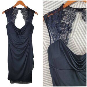 Dressbarn Dress sz 8 Evening Special Event Sheath Knee Ruched Drape Lace Black